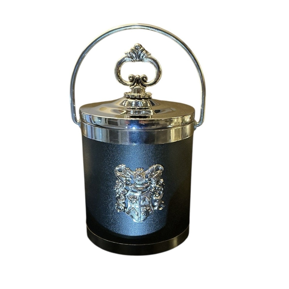 Vintage Black Ice Bucket With Coat Of Arms Plastic Liner W/tongs Made in France